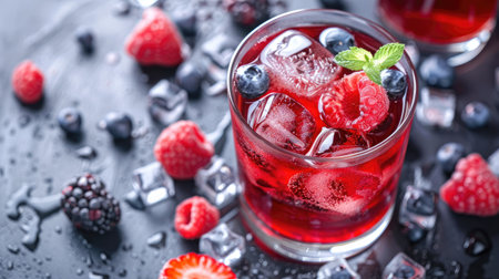Summery red drink garnished with fresh berry slices and chilled ice cubesの素材