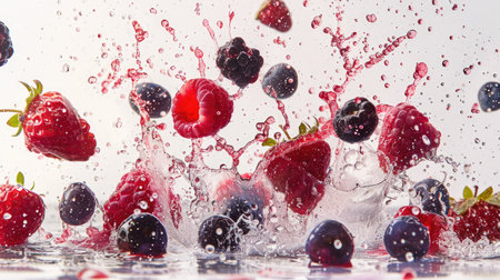 Mix of ripe berries creating dynamic splashes of juice on a neutral white backdropの素材