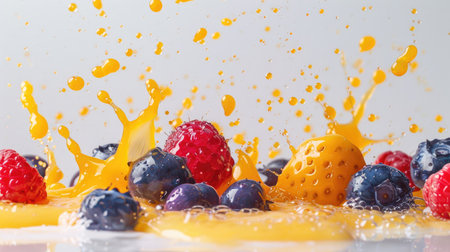 Various ripe berries bursting into splashes of colorful juice on a neutral white surfaceの素材