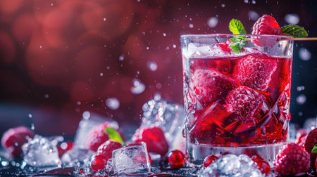 Vibrant red drink with slices of berries and refreshing ice cubes in a transparent glassの素材