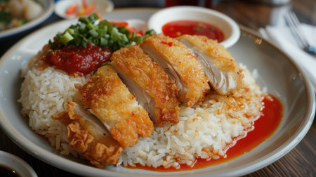 Hainanese chicken rice with crispy fried chicken and a side of spicy chili sauceの素材