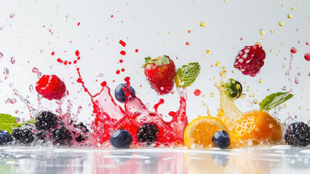Various ripe berries bursting into splashes of colorful juice on a neutral white surfaceの素材