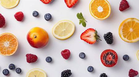Top-down view of a mix of fresh fruits and juicy berries arranged for a clean, minimalist lookの素材