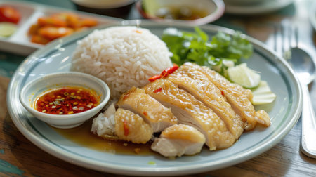 Plate of Hainanese chicken rice with fried chicken, served with fragrant oily rice and chili sauceの素材