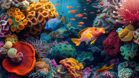 Exotic reef fish swimming through vibrant coral structuresの素材