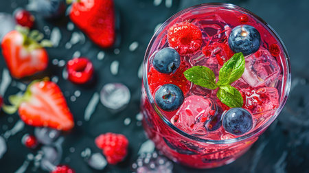 Colorful red drink with assorted berry pieces and ice, perfect for a hot dayの素材