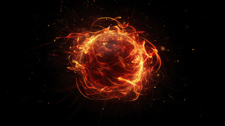 Dramatic fireball with swirling flames and sparks, isolated on blackの素材