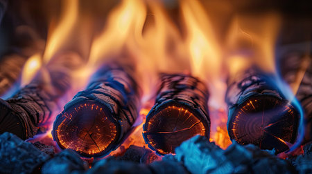 Ceramic logs in a gas fireplace, flames captured in a warm long exposureの素材