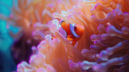 Close-up of clownfish nestled among the tentacles of a sea anemone in a vibrant coral reefの素材