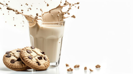 Glass of milk with an energetic splash and cookies, isolated on whiteの素材