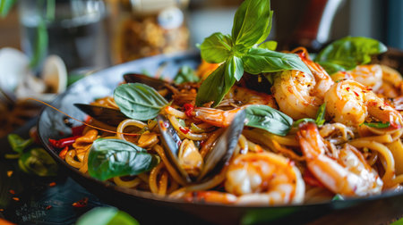 Delicious and spicy seafood drunken spaghetti with shrimp, squid, clams, and basilの素材