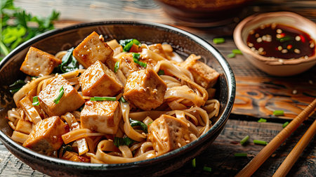 Flavorful stir-fried large noodles with soy sauce and tofu cubesの素材