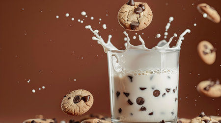 Dramatic milk splash from a glass with chocolate chip cookies around, isolatedの素材