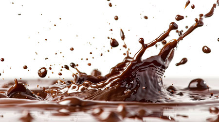 High-speed capture of chocolate milk splash with suspended droplets, white backgroundの素材