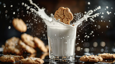 High-speed capture of milk splashing from a glass with cookies, isolated viewの素材