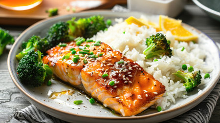 Hot honey glazed salmon with rice and broccoli, a healthy homemade meal optionの素材