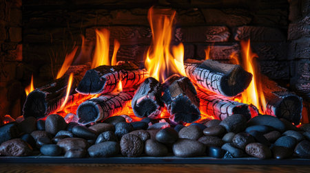 Warm fire burning in a gas fireplace with ceramic logs, long exposure capturing cozy ambianceの素材