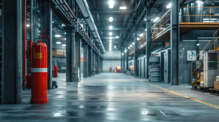 Industrial corridor with a fire extinguisher in the corner, safety equipment visibleの素材