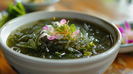 Traditional Thai seaweed soup with glass noodles, beautifully presentedの素材
