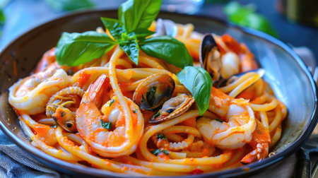Plate of seafood drunken spaghetti with shrimp, squid, and clams, topped with basilの素材