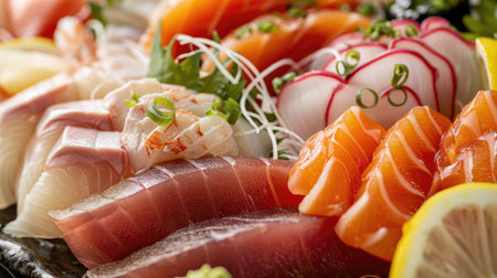 Detailed view of fresh mixed sashimi with selective focus on exquisite seafood slicesの素材