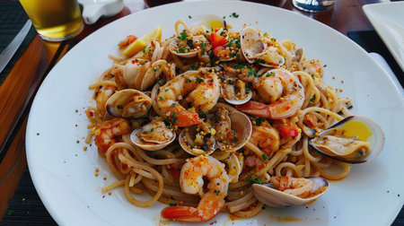 Seafood drunken spaghetti with a generous amount of shrimp, squid, and clamsの素材