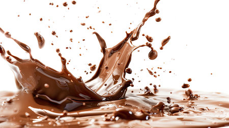 Chocolate milk splash mid-air, droplets frozen in time, isolated on whiteの素材