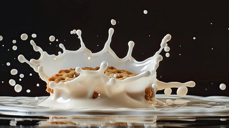 High-speed capture of cookie impacting milk, splash and droplets isolatedの素材