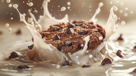 Chocolate cookie breaking milk surface, creating an energetic splashの素材