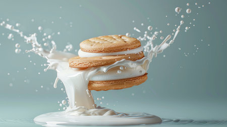 Falling sandwich cookie creating a dynamic milk splash, isolated backgroundの素材