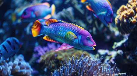 Colorful parrotfish grazing on coral reefs, creating a vibrant underwater sceneの素材
