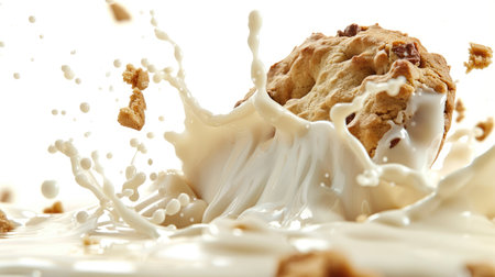 Cookie hitting milk surface, splash and droplets isolated on whiteの素材