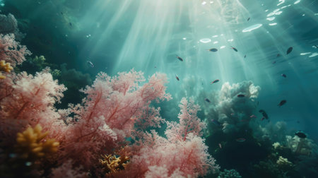 Mesmerizing underwater landscape with soft corals swaying and fish darting aroundの素材