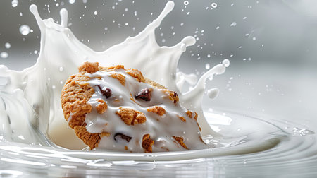 Milk splash exploding as cookie hits, with droplets around, isolatedの素材