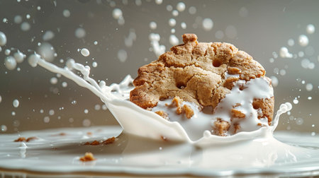 High-speed capture of cookie impacting milk, splash and droplets isolatedの素材