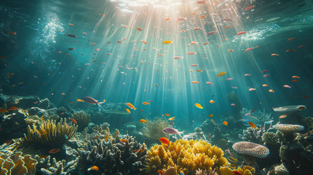 Dynamic underwater view of a tropical coral reef alive with fish, plants, and sunlightの素材