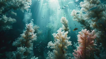 Mesmerizing underwater view with soft corals swaying and fish darting aroundの素材
