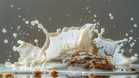 Milk explosion from cookie impact, droplets frozen in mid-air, isolatedの素材