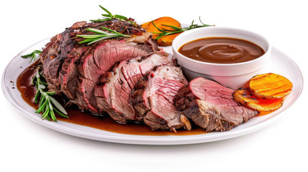 Elegant sliced roast beef with modern Sunday roast garnishes and gravy, isolatedの素材