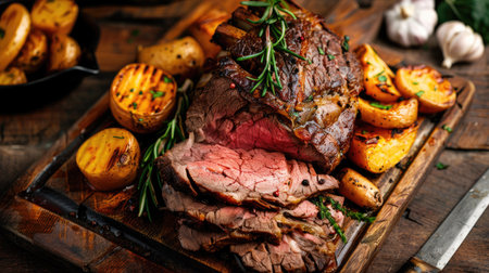 Modern presentation of traditional Sunday roast with sliced roast beef and roasted parsnipsの素材