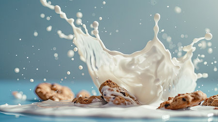 Milk splash with cookies nearby, droplets in mid-air, clean backgroundの素材
