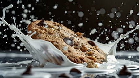 Milk explosion from cookie impact, droplets frozen in mid-air, isolatedの素材