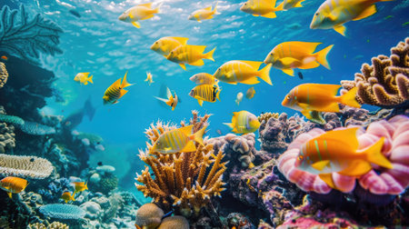 School of bright yellow fish swimming over a thriving coral reef in a tropical oceanの素材