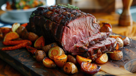 Modern style Sunday roast featuring cold cuts of roast beef and roasted root vegetablesの素材