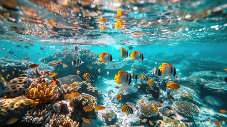 Underwater scene of a coral reef with schools of colorful fish swimming through the crystal-clear seaの素材