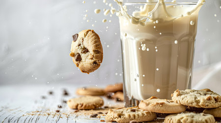 Milk splashing out of a glass with cookies on the side, white backgroundの素材