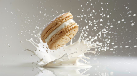 Isolated sandwich cookie causing a white milk splash, high-speed captureの素材