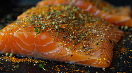 Raw salmon fillet with a dusting of spices and herbs, ready for culinary useの素材