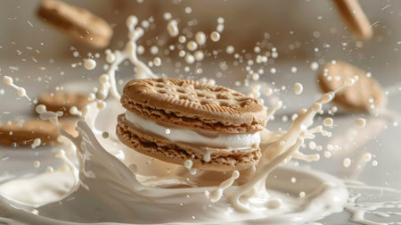 Sandwich cookie creating a splash in milk, with droplets flying, isolatedの素材