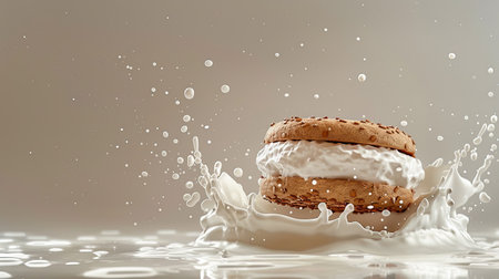Sandwich cookie creating a splash in milk, with droplets flying, isolatedの素材